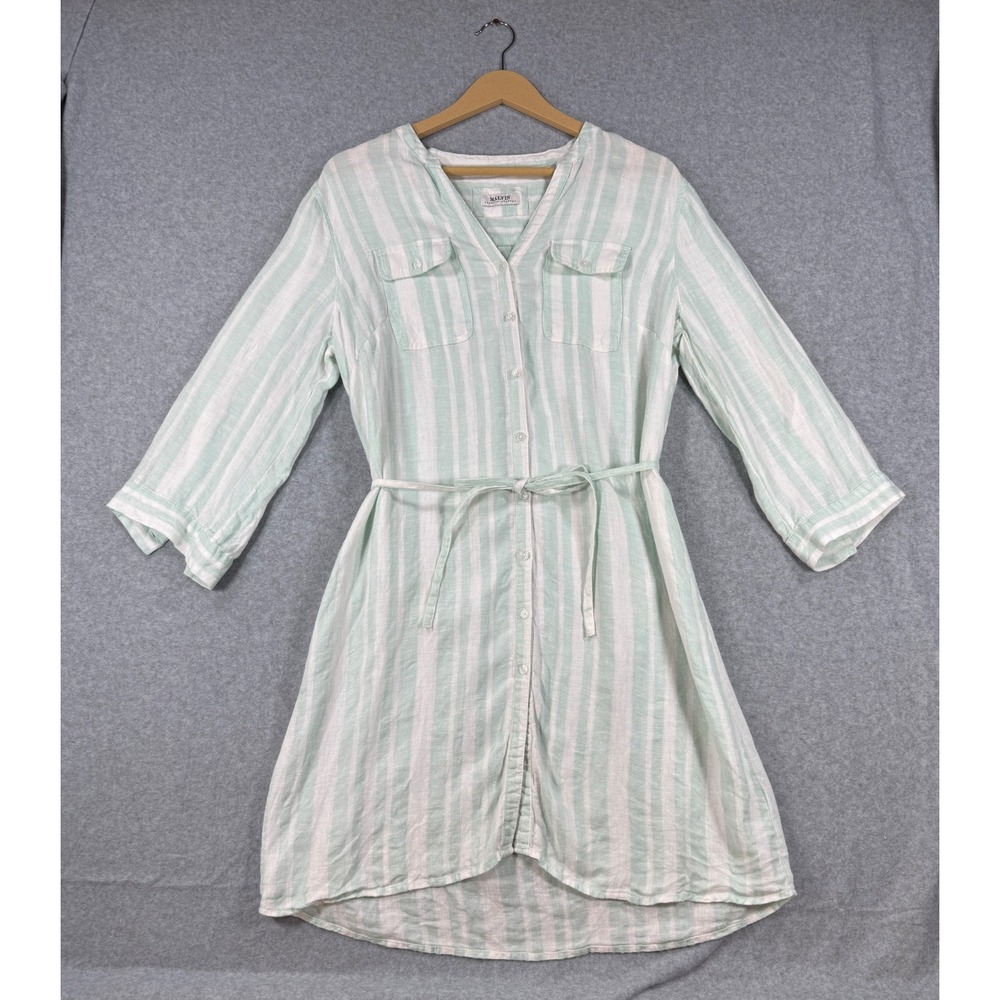 Malvin 38 Linen Shirt Dress Coastal Striped Mint Green Belted Pocket